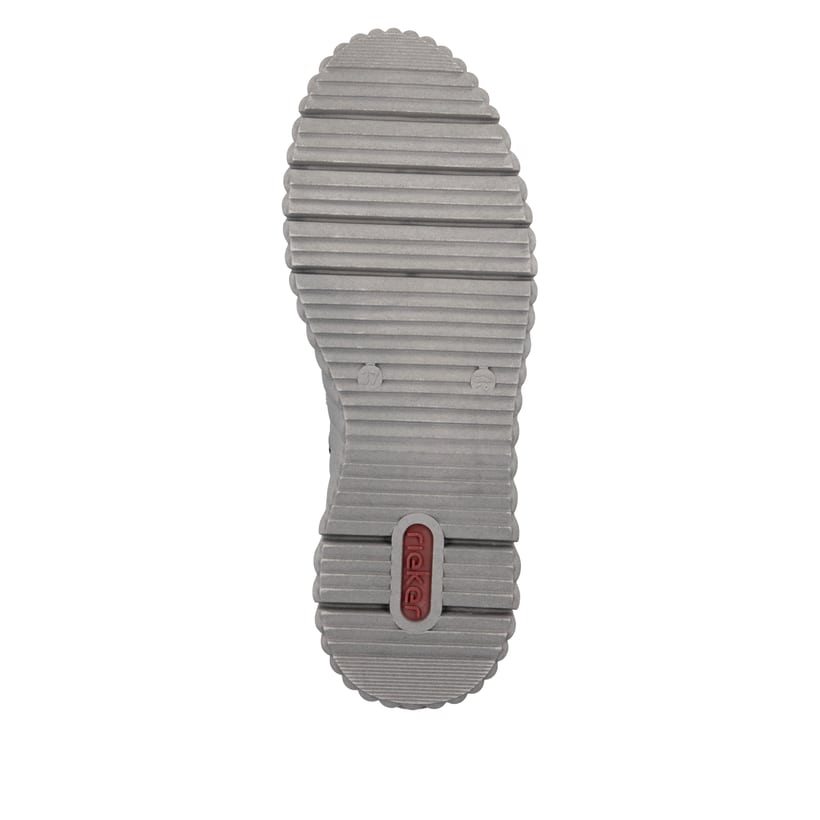 Weiße Rieker Damen Slipper N2162-80 mit Gummischnürung sowie geprägtem Logo. Schuh Außenseite gespiegelt.