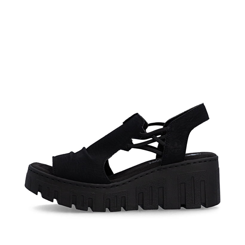 Schwarze Rieker Damen Sandalen 68075-00 mit einem Gummizug. Schuh Außenseite.