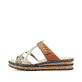 Mehrfarbige Rieker Damen Pantoletten 62989-90 mit handgestickten Nähten. Schuh Außenseite.