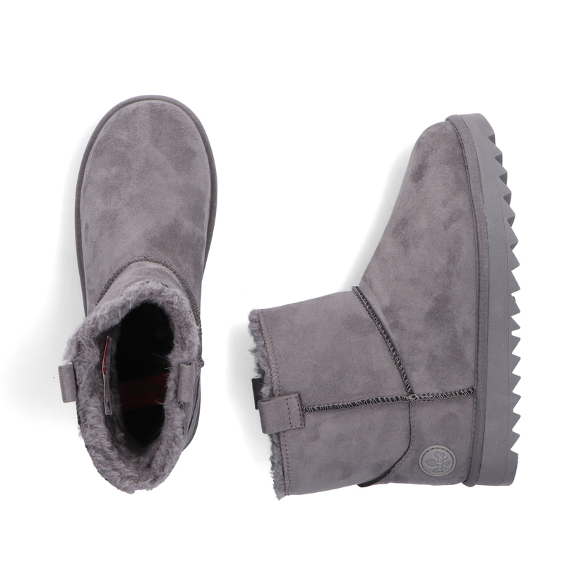 Graue Rieker Damen Kurzstiefel 99870-45 mit Fellschaftrand sowie Komfortweite G. Schuh von oben, liegend.