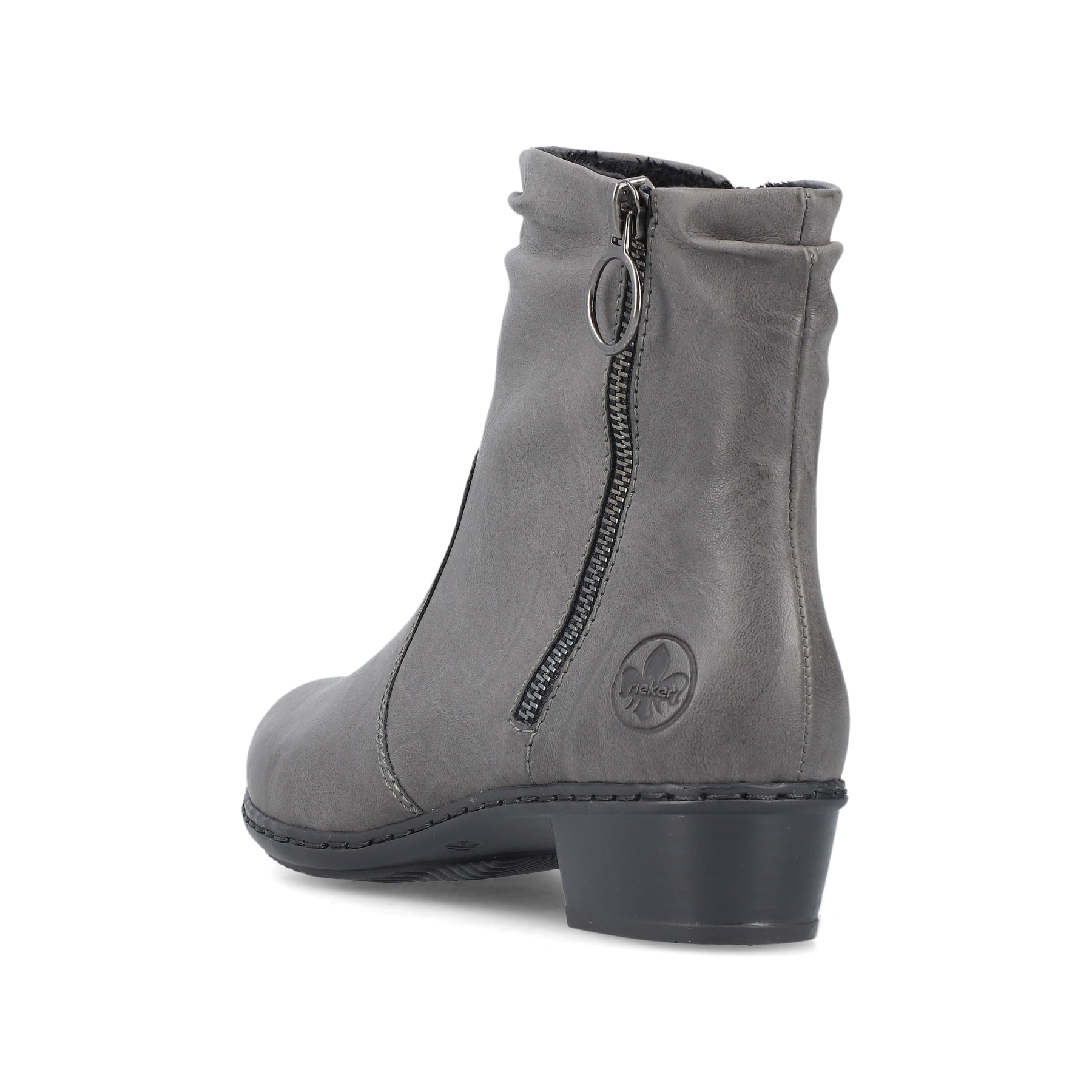 Mondgraue Rieker Damen Stiefeletten Y0741-45 mit Reißverschluss sowie Blockabsatz. Schuh von oben