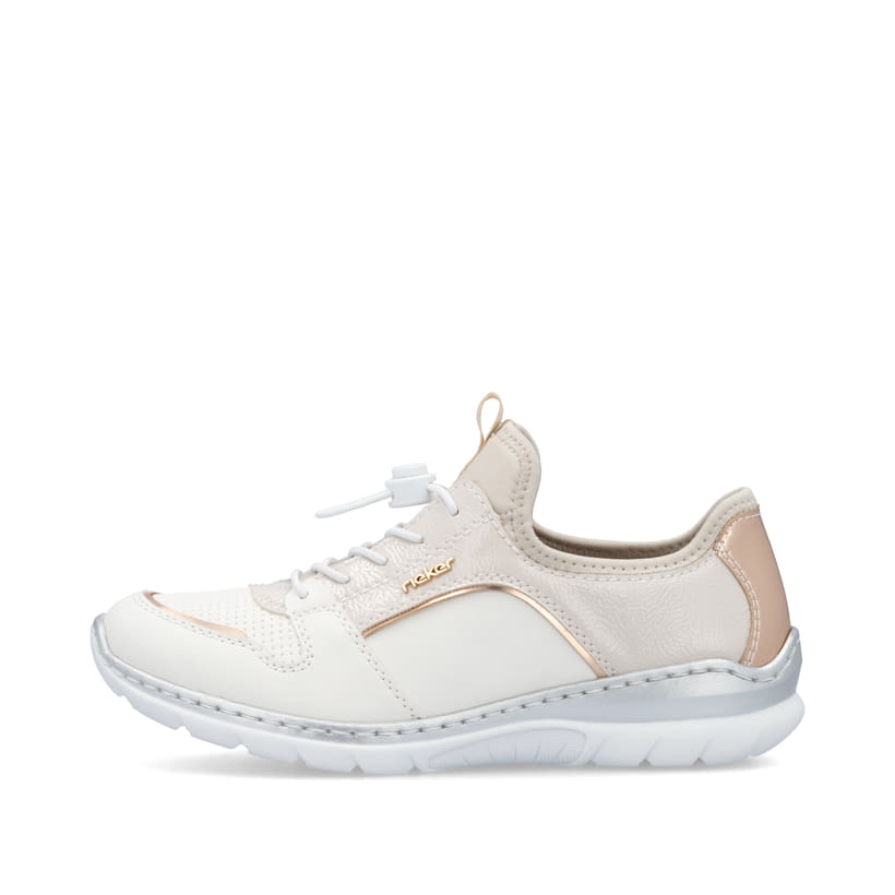 Weiße Rieker Damen Slipper L3294-80 mit einem Gummizug. Schuh Außenseite.