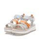 Mehrfarbige Rieker Damen Riemchensandalen W3052-90 mit einem Klettverschluss. Schuhpaar seitlich schräg.