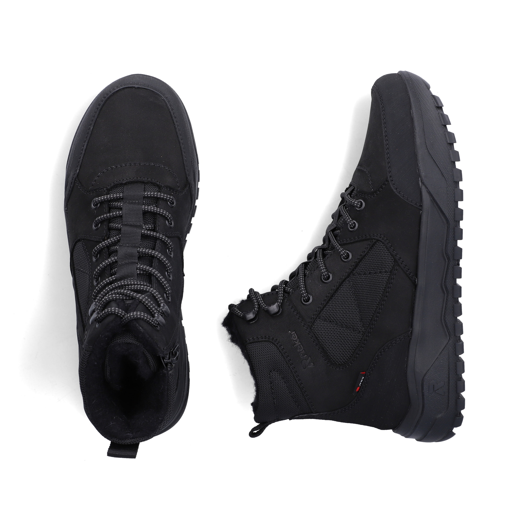 Schwarze Rieker Herren Schnürstiefel U1510-00 mit griffiger Fiber-Grip Sohle. Schuh von oben, liegend.