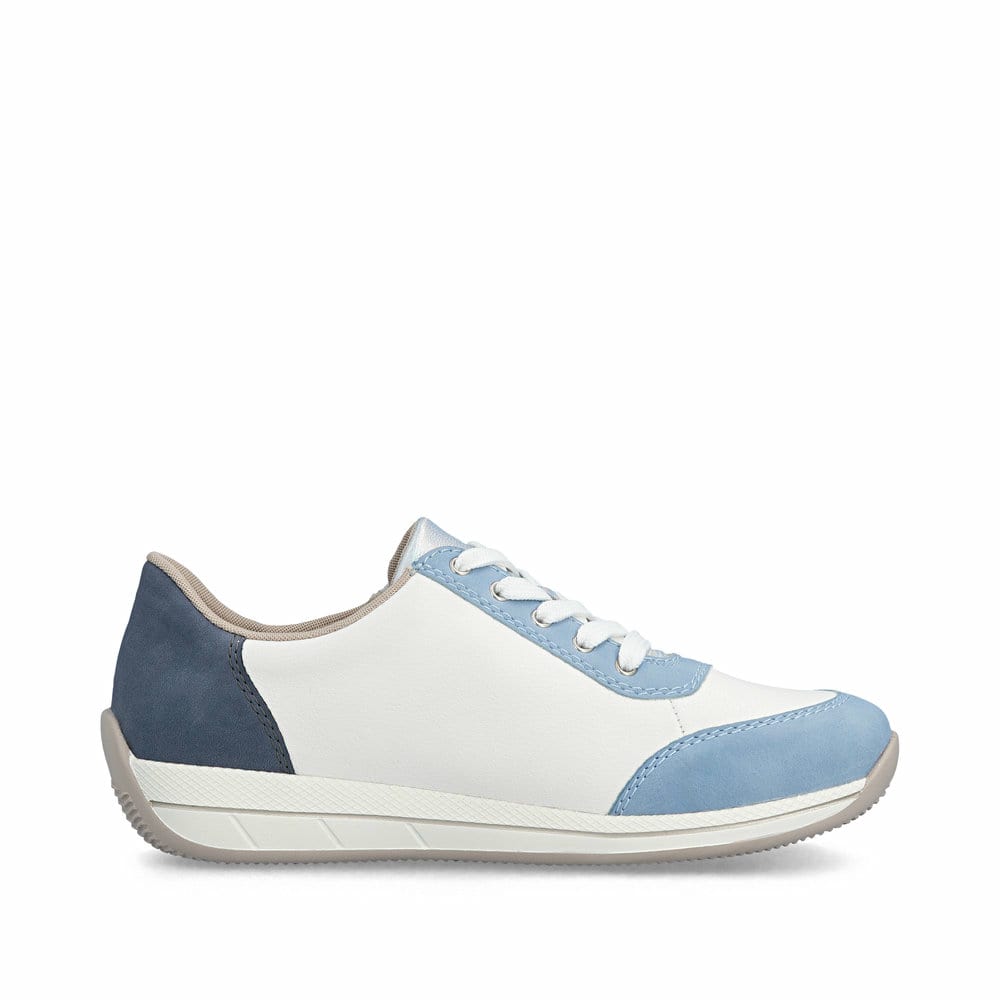 Baskets basses Rieker bleues pour femme N1112-10 avec fermeture éclair. Côté intérieur de la chaussure.