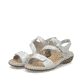 Silberne Rieker Damen Riemchensandalen 659C7-93 mit einem Klettverschluss. Schuhpaar seitlich schräg.