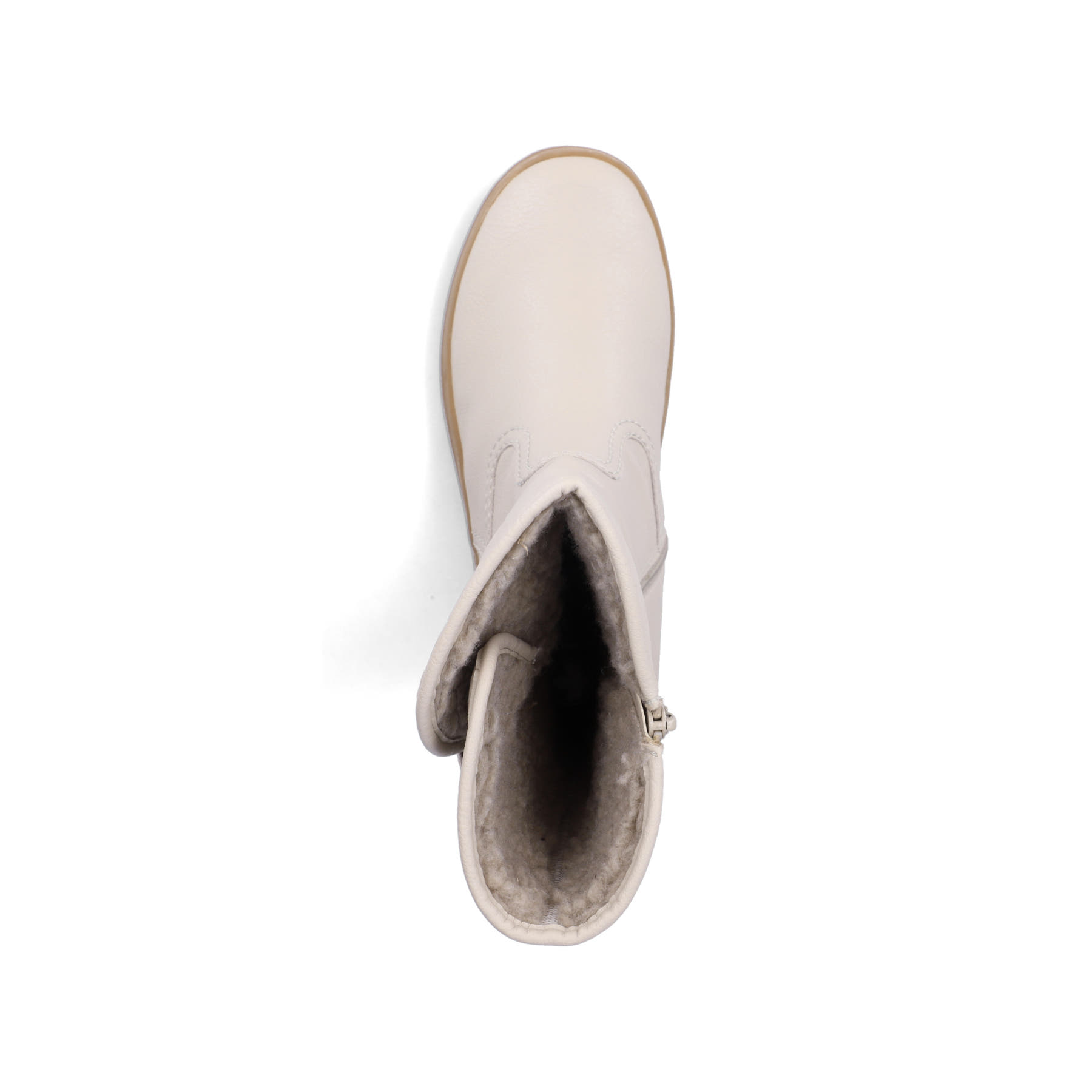 Cremefarbene Rieker Damen Kurzstiefel L2580-60 mit einem Reißverschluss. Schuh von oben.