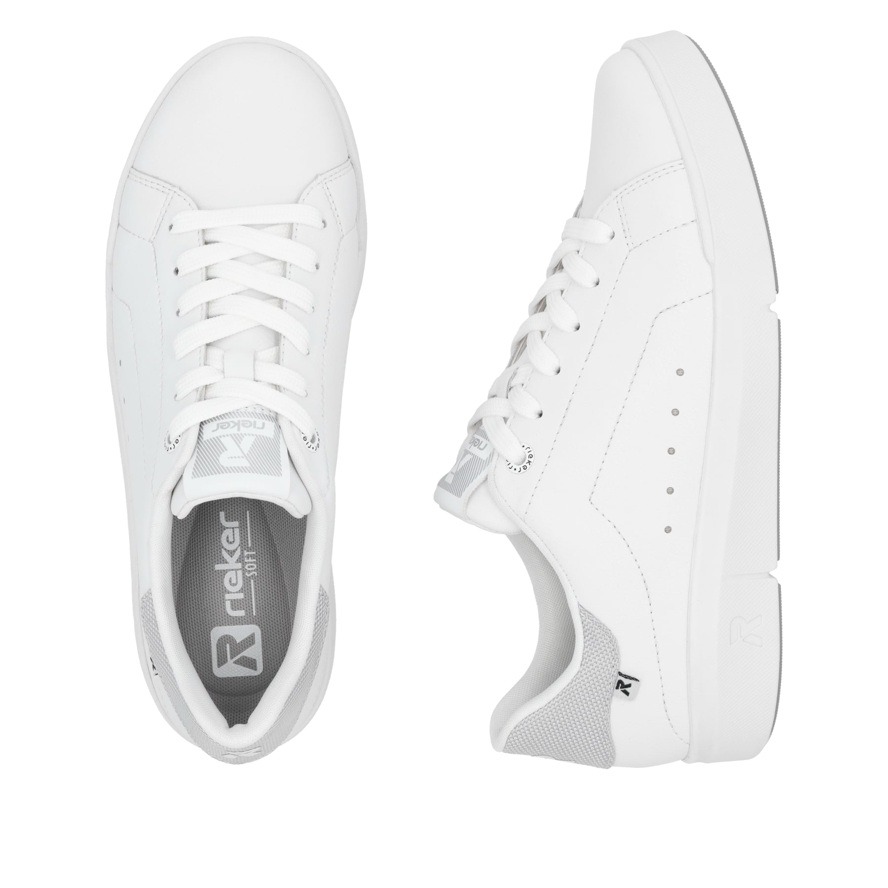 Weiße Rieker Damen Sneaker Low 41902-80 mit Schnürung sowie super leichter Sohle. Schuh von oben, liegend.