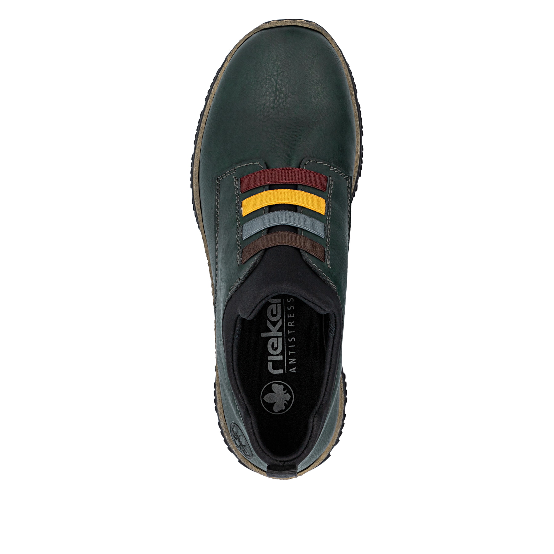 Dunkelgrüne Rieker Damen Kurzstiefel N32G7-54 mit einem Gummizug. Schuh von oben.