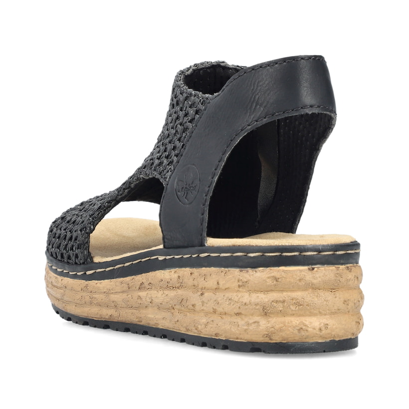Schwarze Rieker Keilsandaletten 62783-00 mit Reißverschluss sowie Extraweite H. Schuh von hinten.