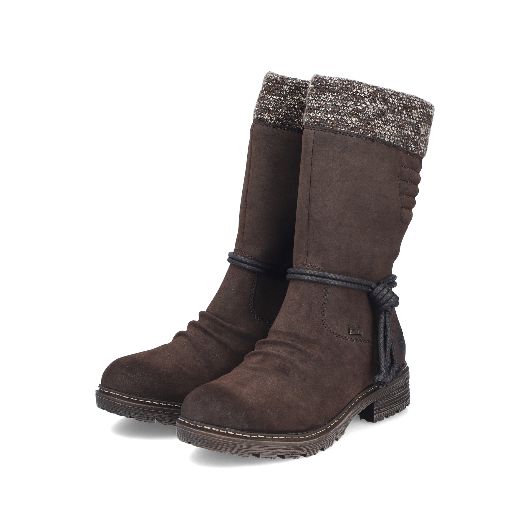 Dunkelbraune Rieker Damen Hochschaftstiefel Z4755-25 mit Strick-Kragen. Schuhpaar seitlich schräg.