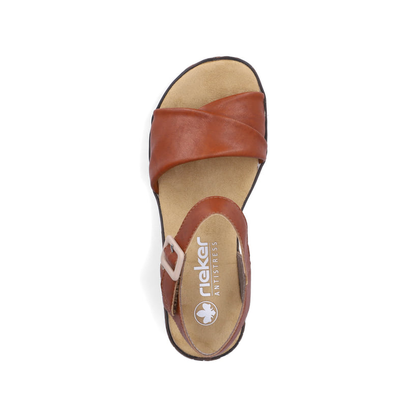 Sandales compensées Rieker marron femme V3691-22 avec boucle tendance. Chaussure vue de dessus.