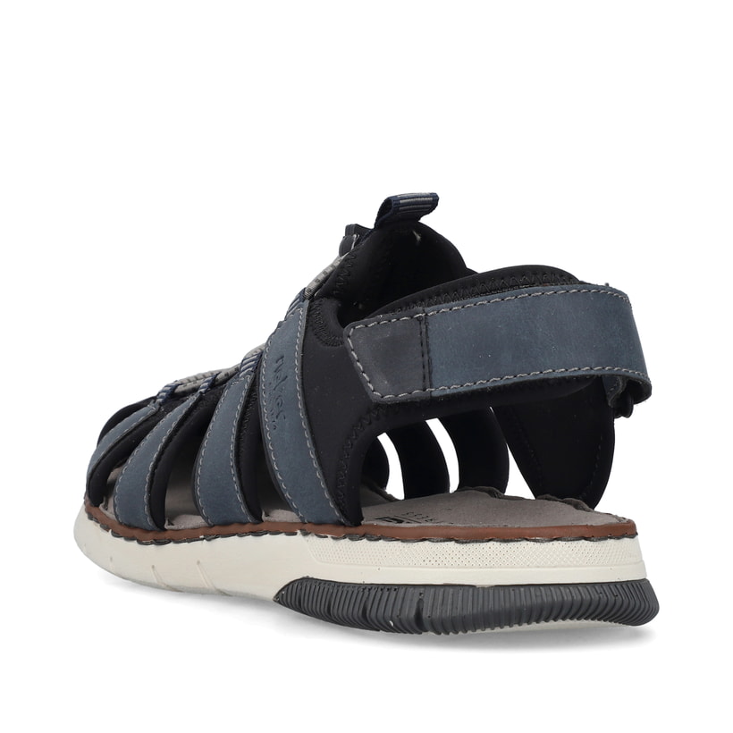 Stahlblaue Rieker Herren Trekkingsandalen 25246-14 mit einem Klettverschluss. Schuh von hinten.