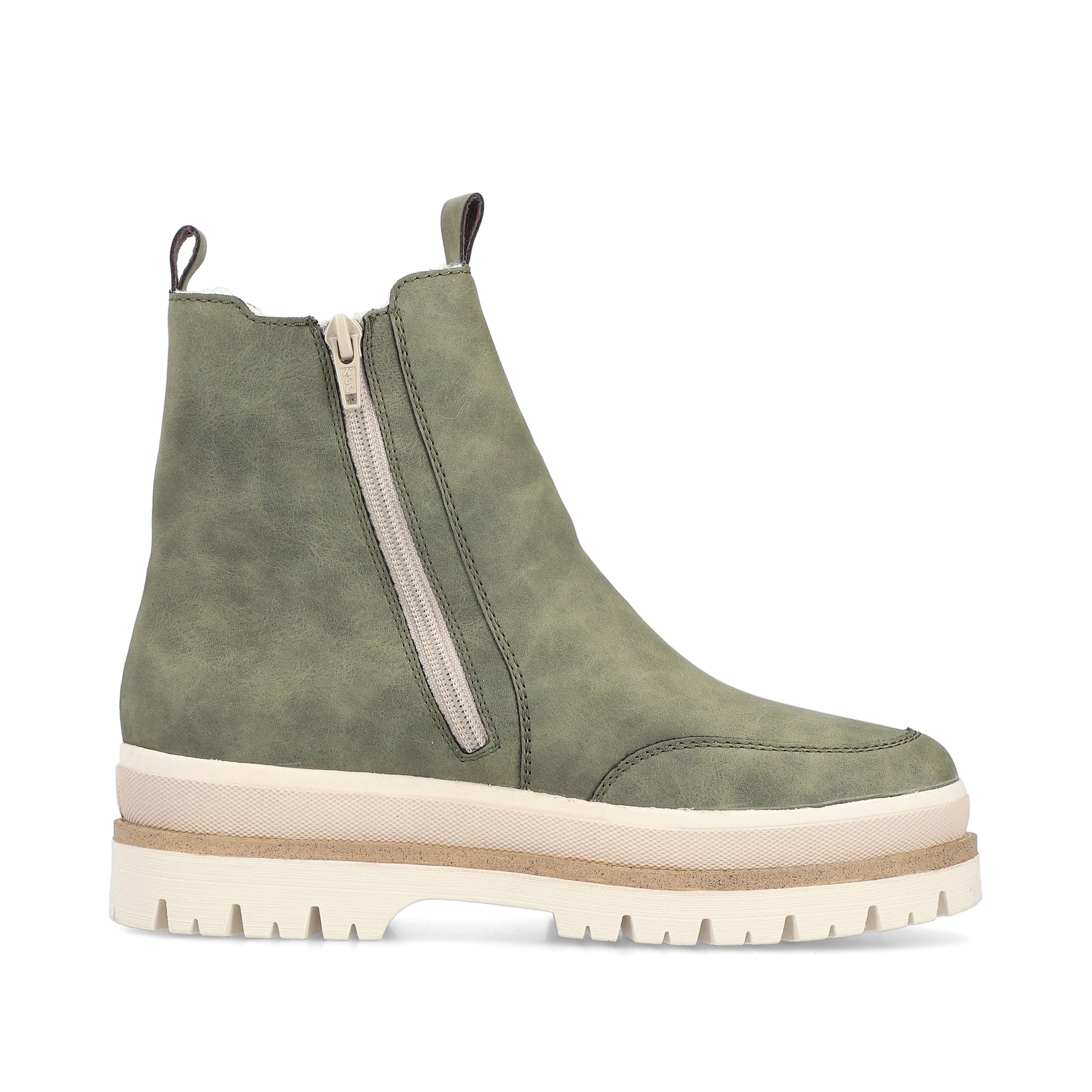 Hellgrüne Rieker Damen Chelsea Boots Y6271-54 mit einem Reißverschluss. Schuh von hinten.