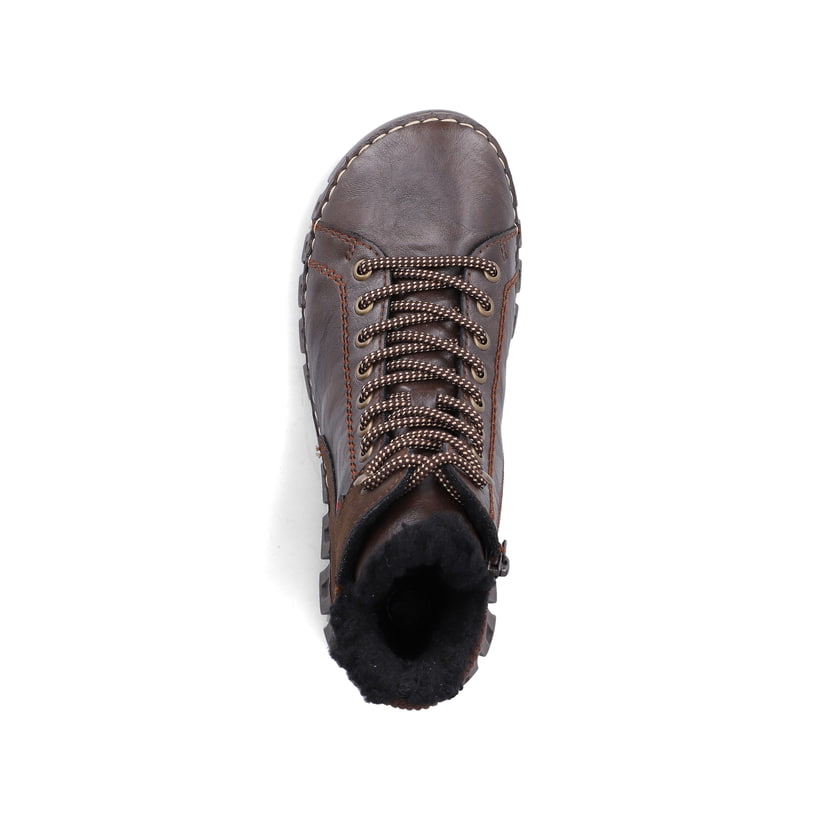 Dunkelbraune Rieker Damen Schnürstiefel 57512-25 mit einem Reißverschluss. Schuh von oben.
