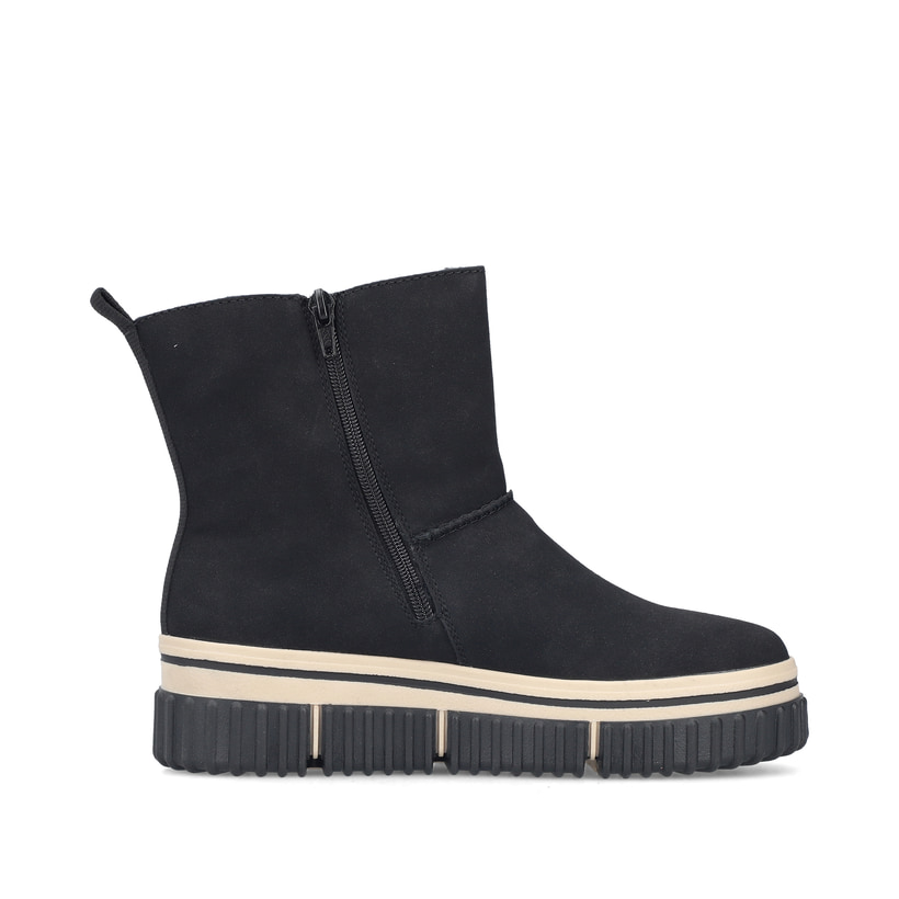Schwarze Rieker Damen Kurzstiefel Y6364-00 mit einem Reißverschluss. Schuh Innenseite.
