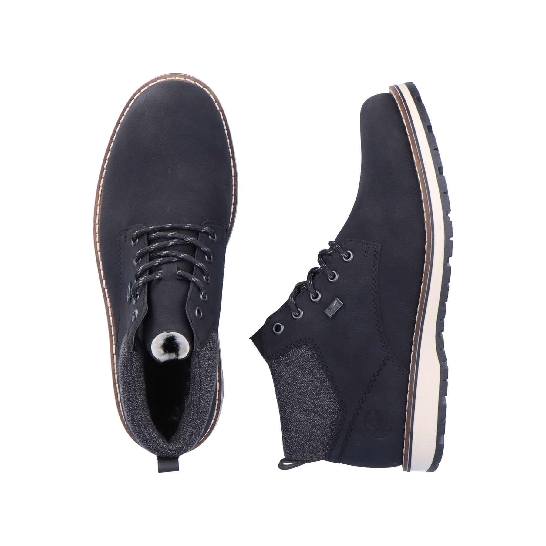 Schwarze Rieker Herren Schnürstiefel 38419-00 mit wasserabweisender TEX-Membran. Schuh von oben, liegend.