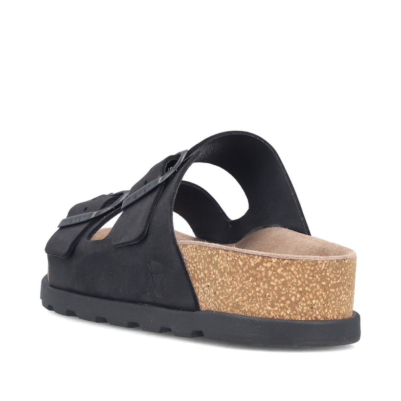 Mules Rieker noires pour femme V3190-01 en cuir velours avec boucles. Chaussure vue de l'arrière.
