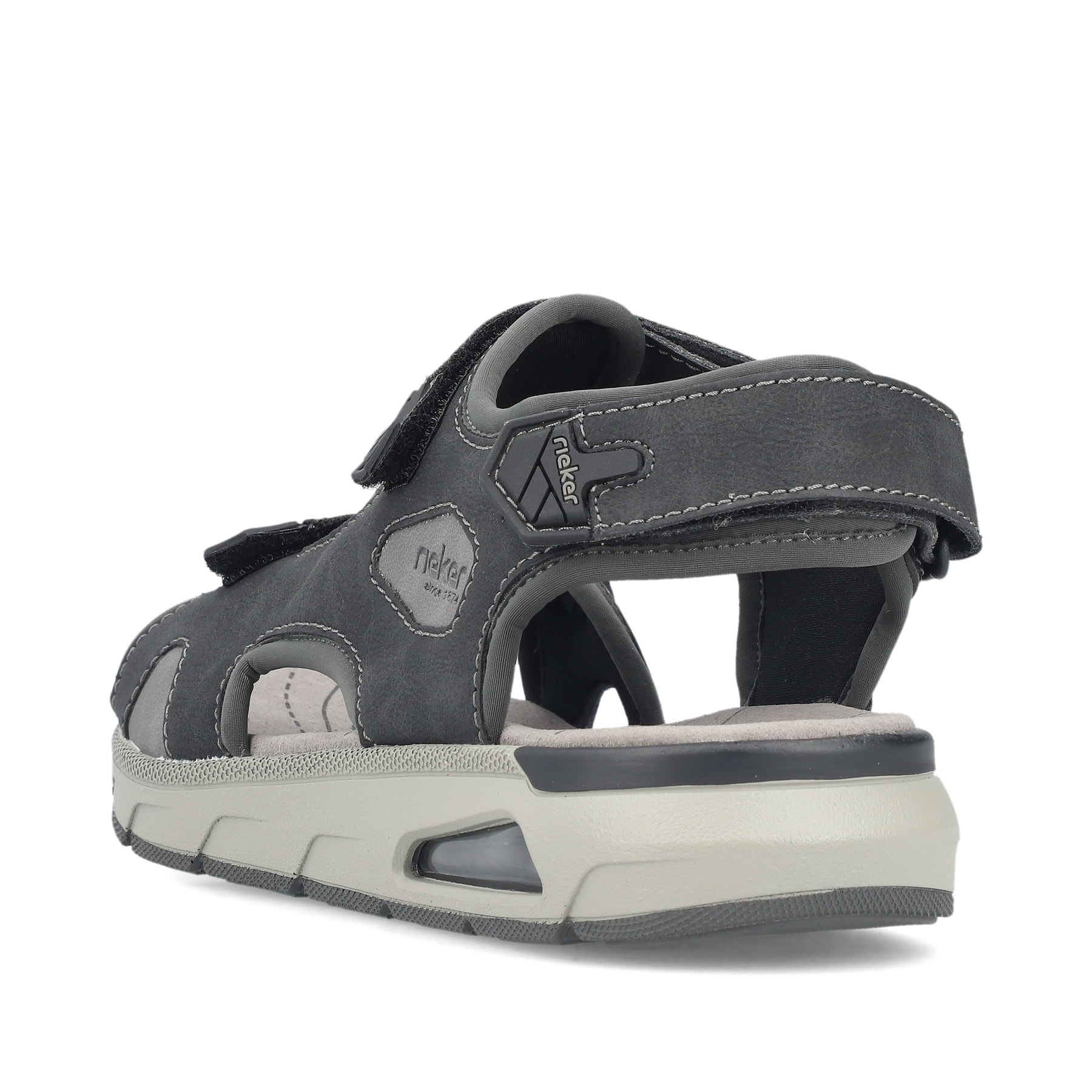 Schwarze Rieker Herren Trekkingsandalen 29151-00 mit Rieker Air Sohlenfenster. Schuh von hinten.