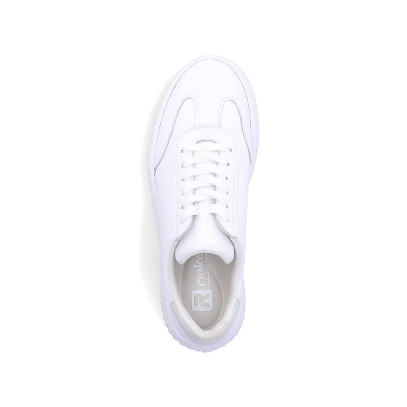 Baskets basses Rieker blanches femme N9910-80 en cuir lisse avec lacets. Chaussure vue de dessus.