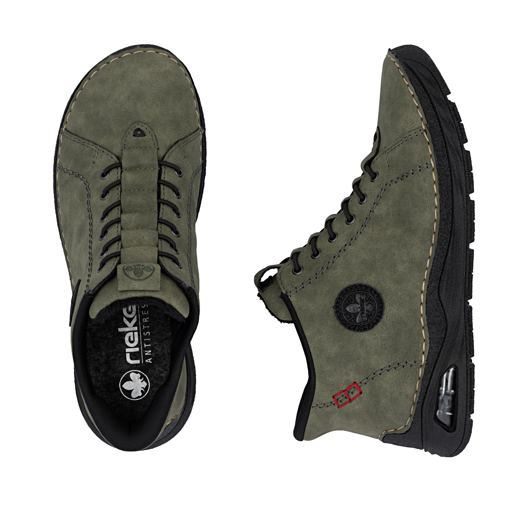 Grünschwarze Rieker Damen Kurzstiefel 44550-54 mit Rieker Air Sohlenfenster. Schuh von oben, liegend.