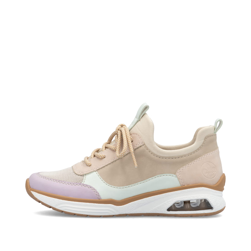 Rosane Rieker Damen Slipper M5660-31 mit Rieker Air Sohlenfenster sowie Gummizug. Schuh Außenseite.