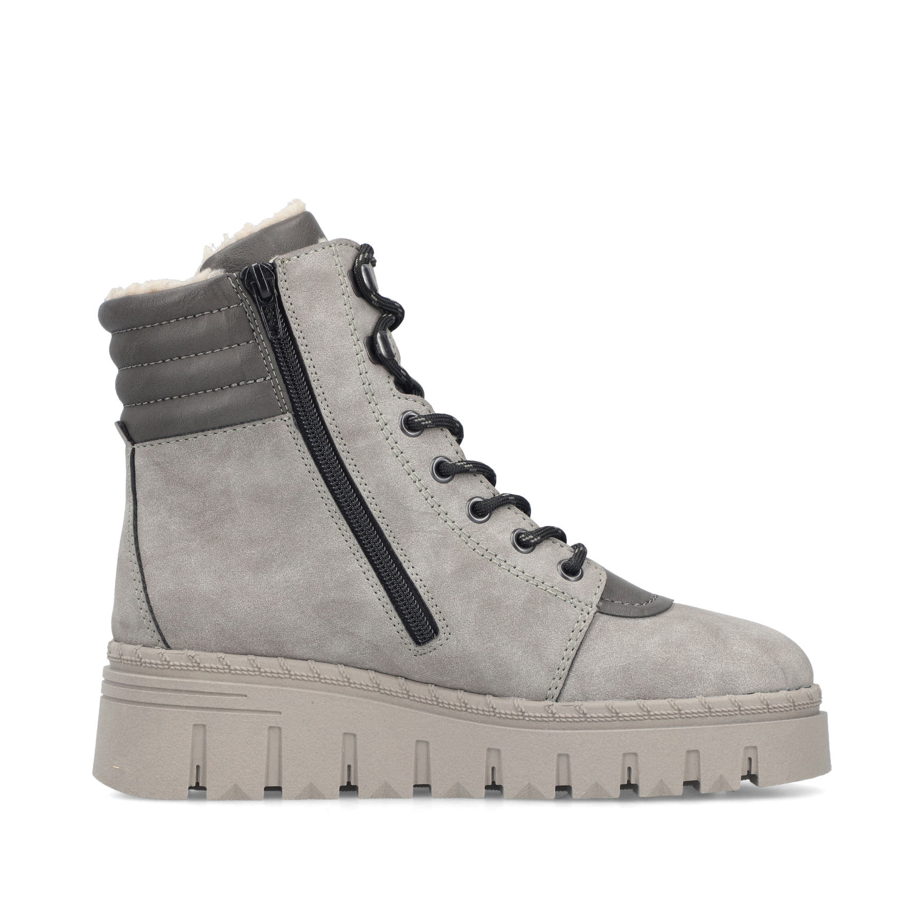 Graue Rieker Damen Schnürstiefel Z8904-40 mit einem Reißverschluss. Schuh Innenseite.