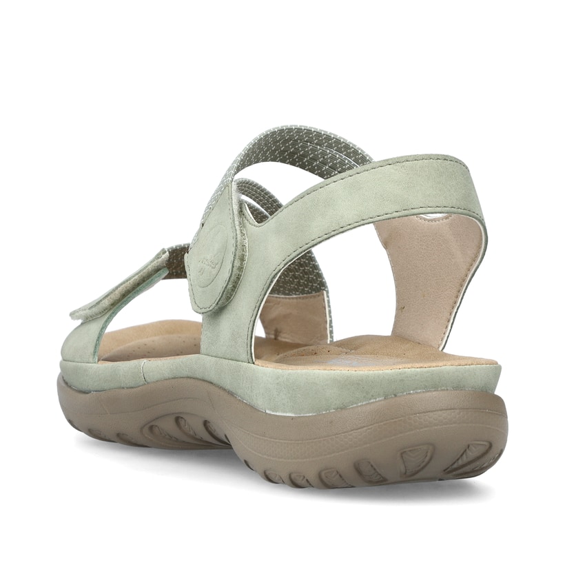 Grüne vegane Rieker Damen Trekkingsandalen 64870-52 mit einem Klettverschluss. Schuh von hinten.
