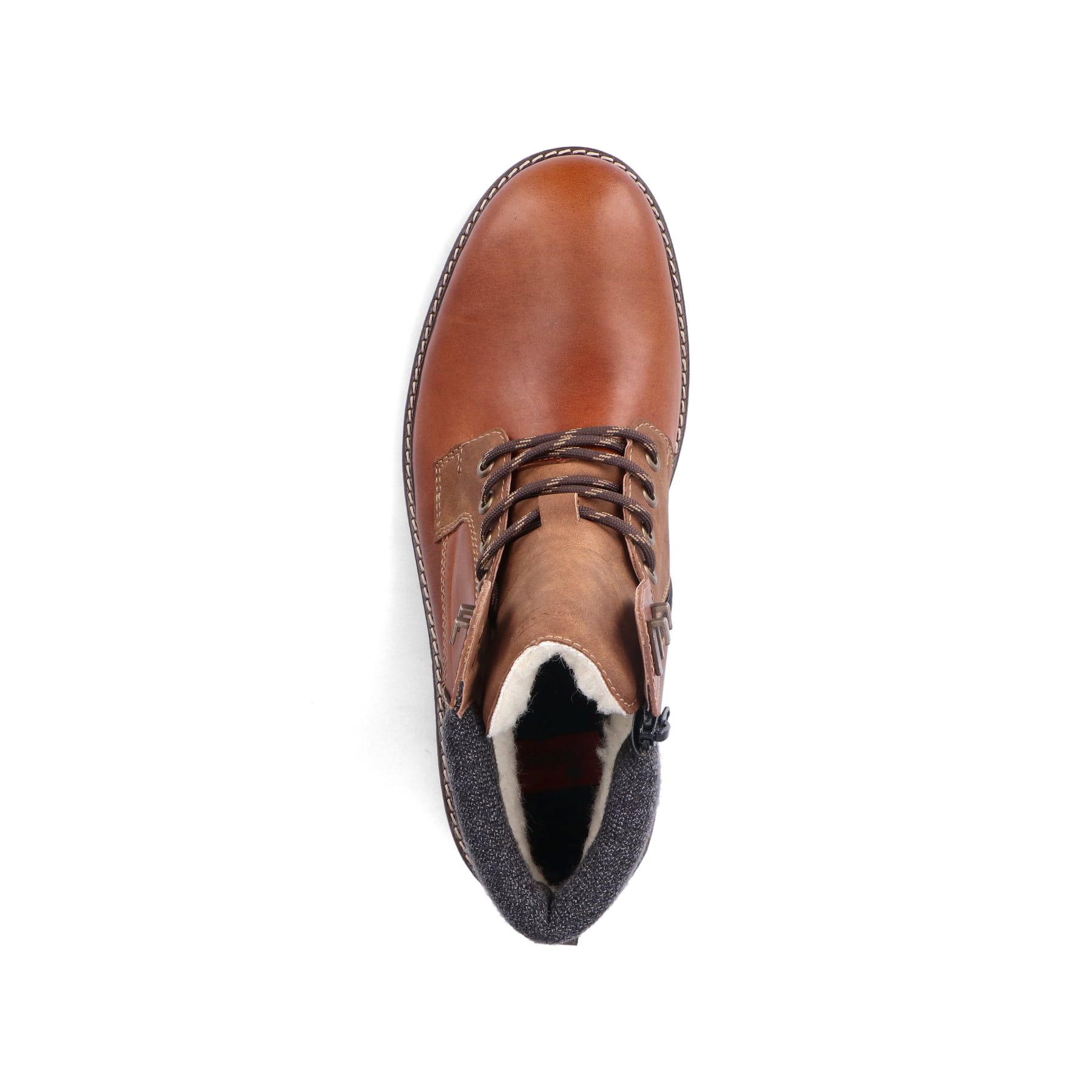 Karamellbraune Rieker Herren Schnürstiefel 32040-25 mit einer robusten Profilsohle. Schuh von oben