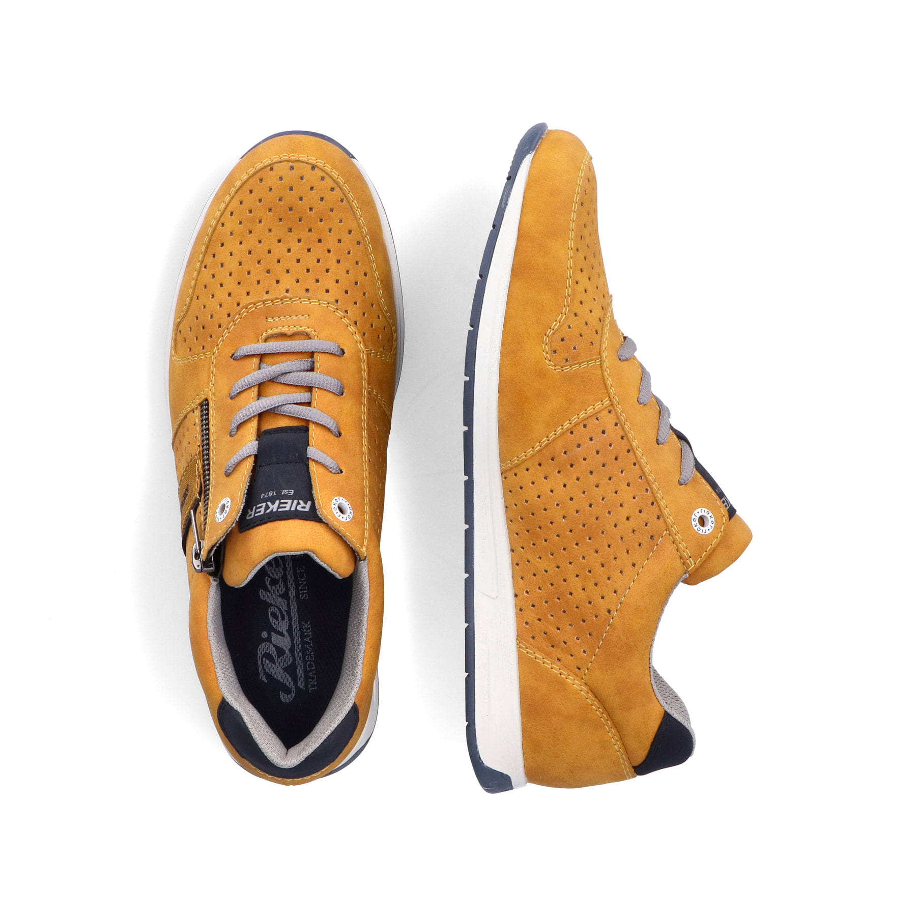 Gelbe Rieker Herren Schnürschuhe 11926-68 mit Reißverschluss sowie Löcheroptik. Schuh von oben, liegend.