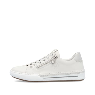 Weiße Rieker Damen Slipper L7250-80 mit einem Reißverschluss. Schuh Außenseite.