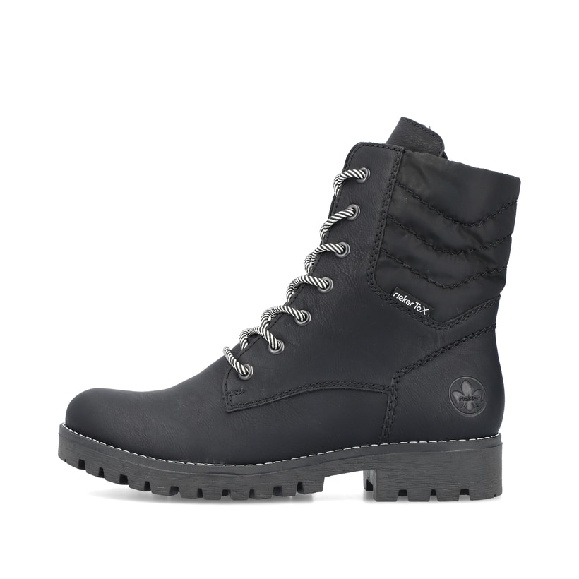 
Asphaltschwarze Rieker Damen Biker Boots 78520-00 mit Schnürung und Reißverschluss. Schuh Außenseite