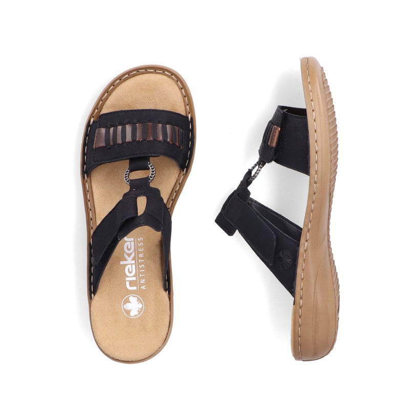 Mules Rieker noires pour femme 60881-00 avec fermeture velcro. Chaussure vue de dessus, couchée.