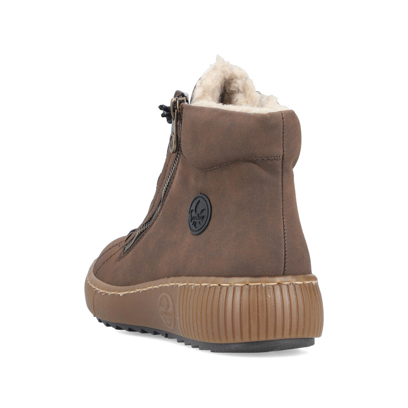Dunkelbraune Rieker Damen Kurzstiefel Z6660-25 mit einem Reißverschluss. Schuh von hinten.