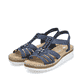 Blaue Rieker Keilsandaletten V1206-14 mit Schmuckelementen sowie einem Gummizug. Schuhpaar seitlich schräg.