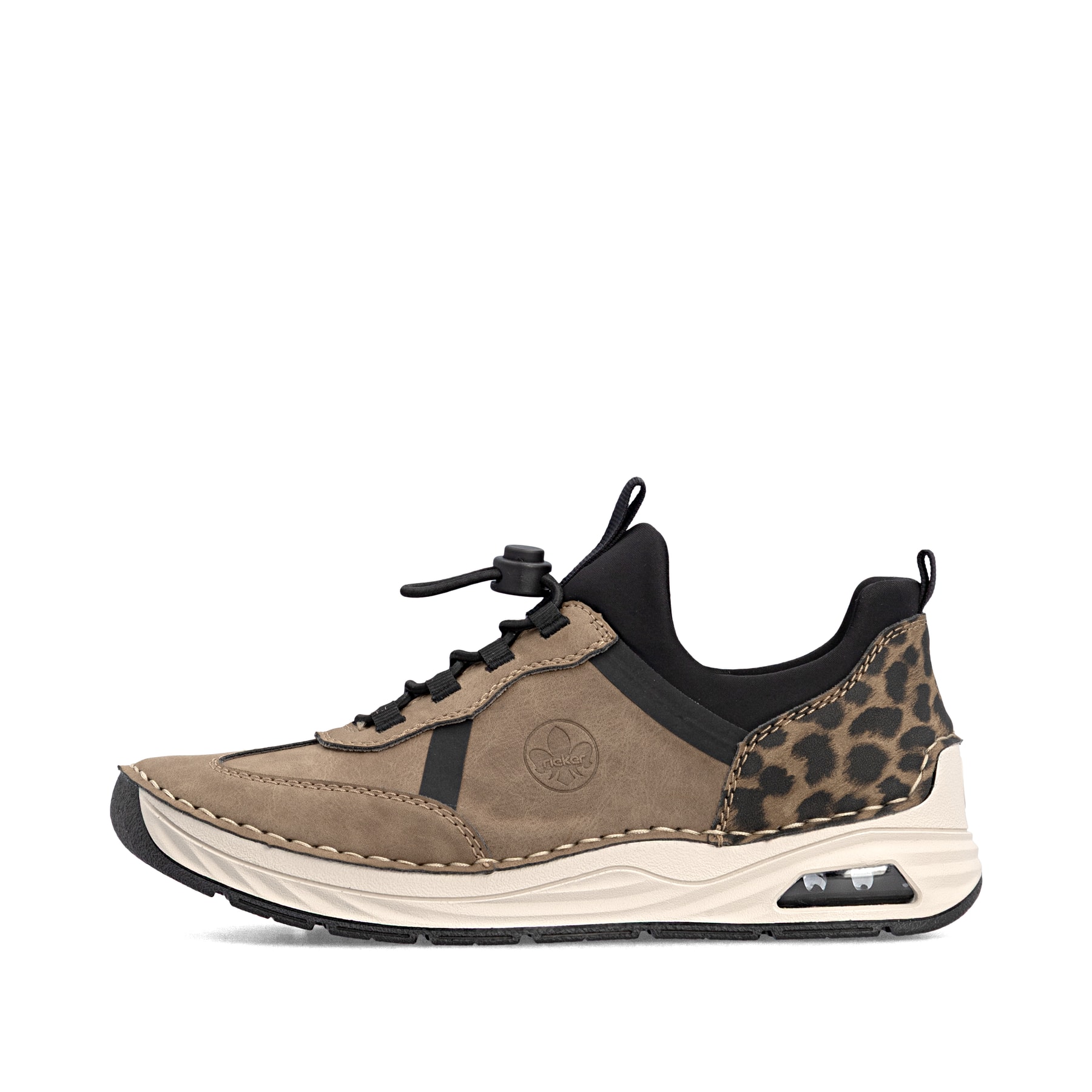 Braun-schwarze Rieker Damen Slipper 44551-24 mit Rieker Air Sohlenfenster. Schuh Außenseite.