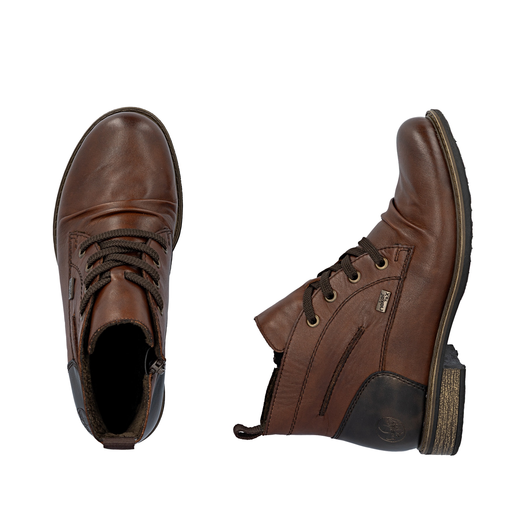 Dunkelbraune Rieker Damen Kurzstiefel 74804-22 aus Glattleder. Schuh von oben, liegend.