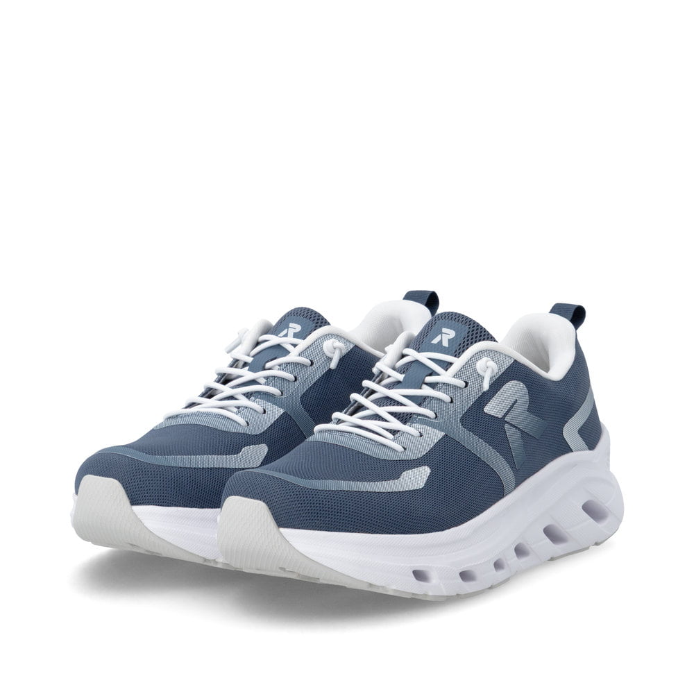 Baskets basses Rieker bleues pour femme W3504-12 avec lacets. Chaussures inclinées sur le côté.