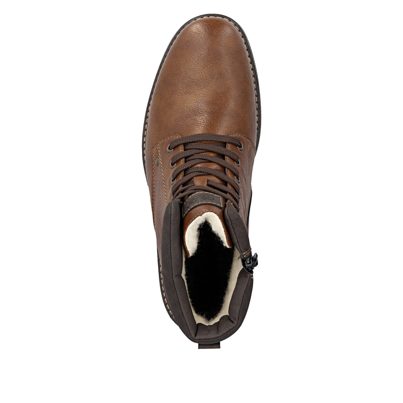 Dunkelbraune Rieker Herren Schnürstiefel 33140-25 mit einem Reißverschluss. Schuh von oben.
