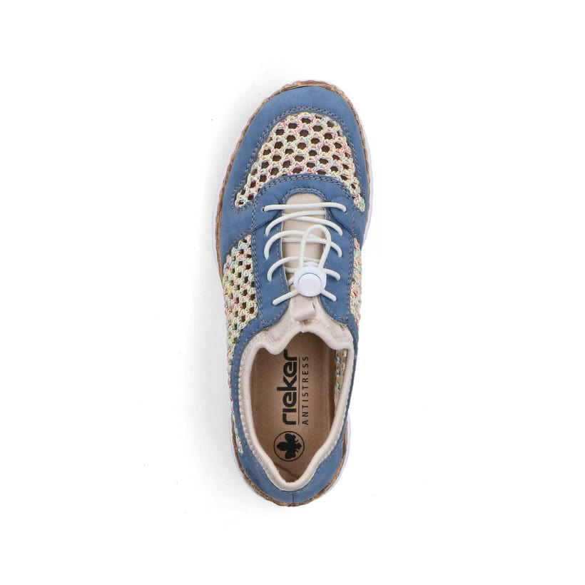Mehrfarbige Rieker Damen Slipper N42G6-90 mit einem Gummizug. Schuh von oben.