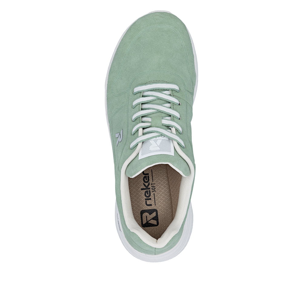 Grüne Rieker Damen Schnürschuhe M8501-52 mit einer herausnehmbaren Einlegesohle. Schuh von oben.