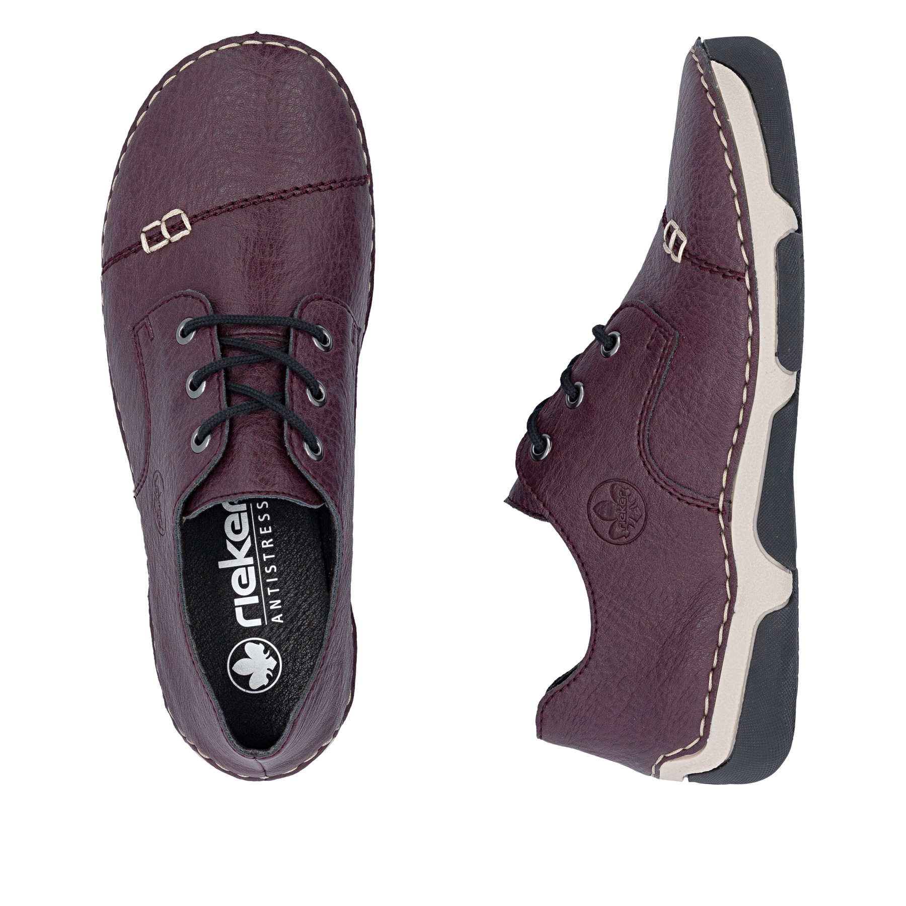 Brombeerfarbene Rieker Damen Schnürschuhe 55920-30 mit modernen Ziernähten. Schuh von oben, liegend.