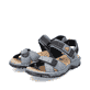Blaue Rieker Damen Trekkingsandalen 68851-14 mit einem Klettverschluss. Schuhpaar seitlich schräg.