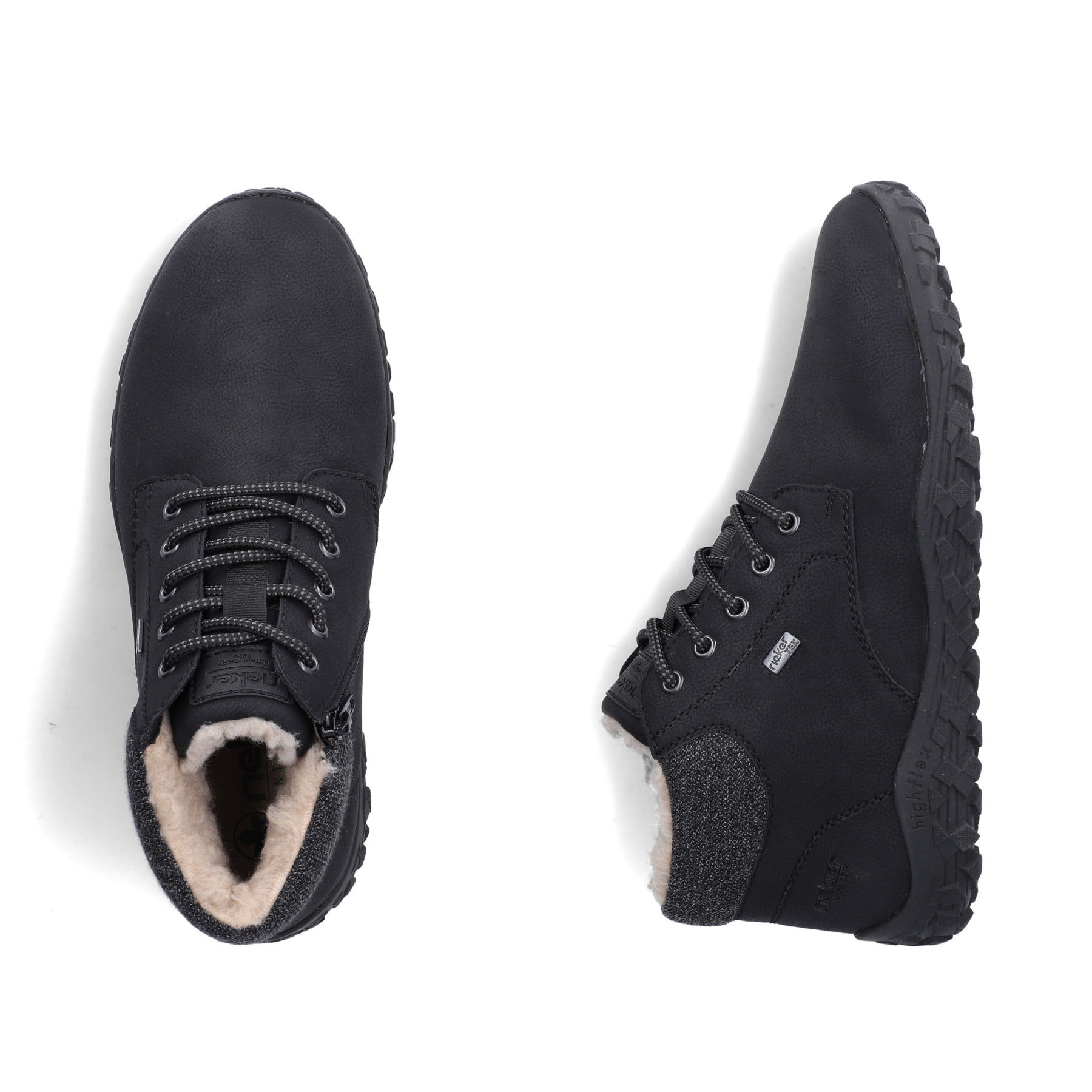 Schwarze Rieker Herren Schnürstiefel 08130-01 mit wasserabweisender TEX-Membran. Schuh von oben, liegend.