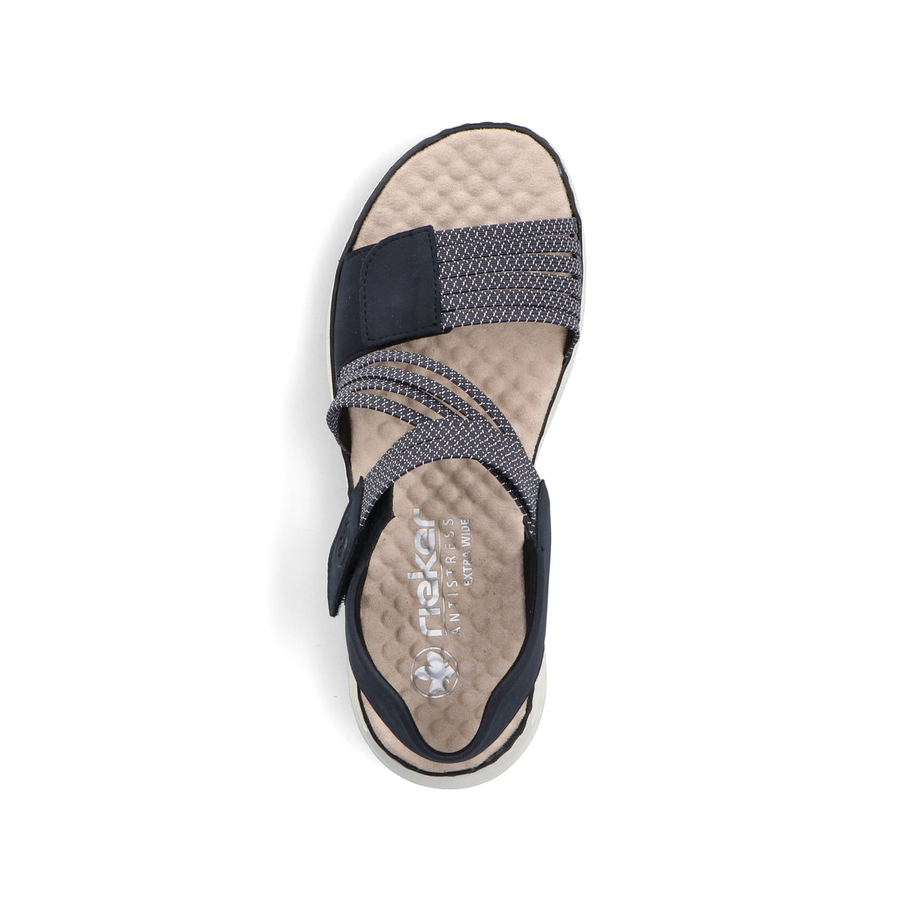 Blaue Rieker Keilsandaletten 65671-14 mit Rieker Air Sohlenfenster. Schuh von oben.