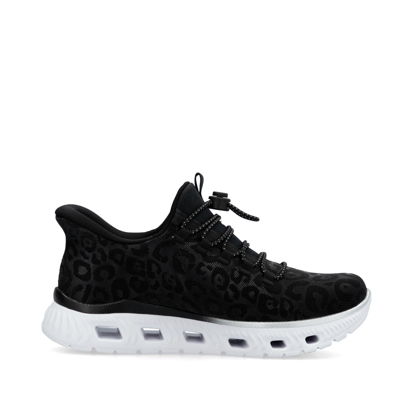 Schwarze Rieker Damen Sneaker Low M6066-01 mit Gummizug sowie flexibler Sohle. Schuh Innenseite.