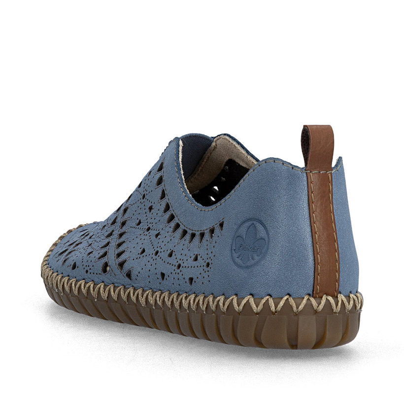 Blaue Rieker Damen Slipper M2852-12 aus Glattleder, Barfußschuhe. Schuh von hinten.