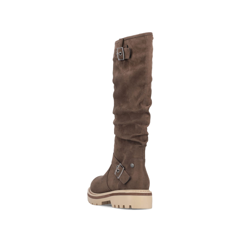 Braune Rieker Damen Hochschaftstiefel 91592-25 mit einem Reißverschluss. Schuh von hinten.