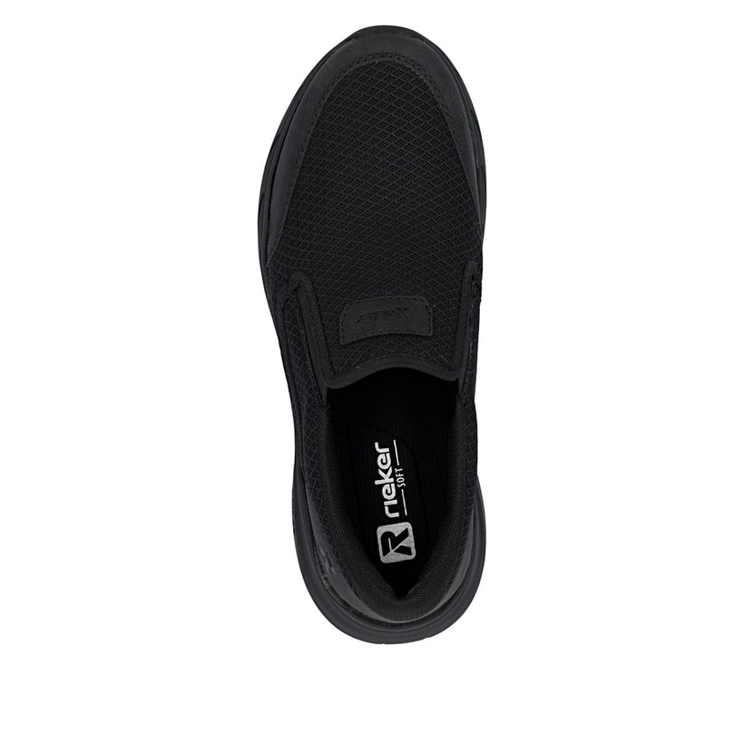 Schwarze Rieker Herren Slipper 06152-00 mit einem Gummizug sowie Gel-Fußbett. Schuh von oben.