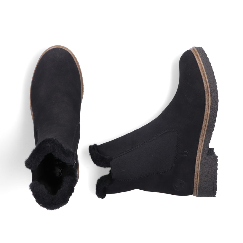 Schwarze Rieker Damen Chelsea Boots Z5076-00 mit Fellschaftrand. Schuh von oben, liegend.